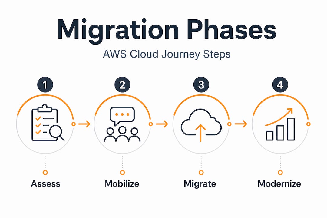 Infographic showing steps of AWS cloud migration process
