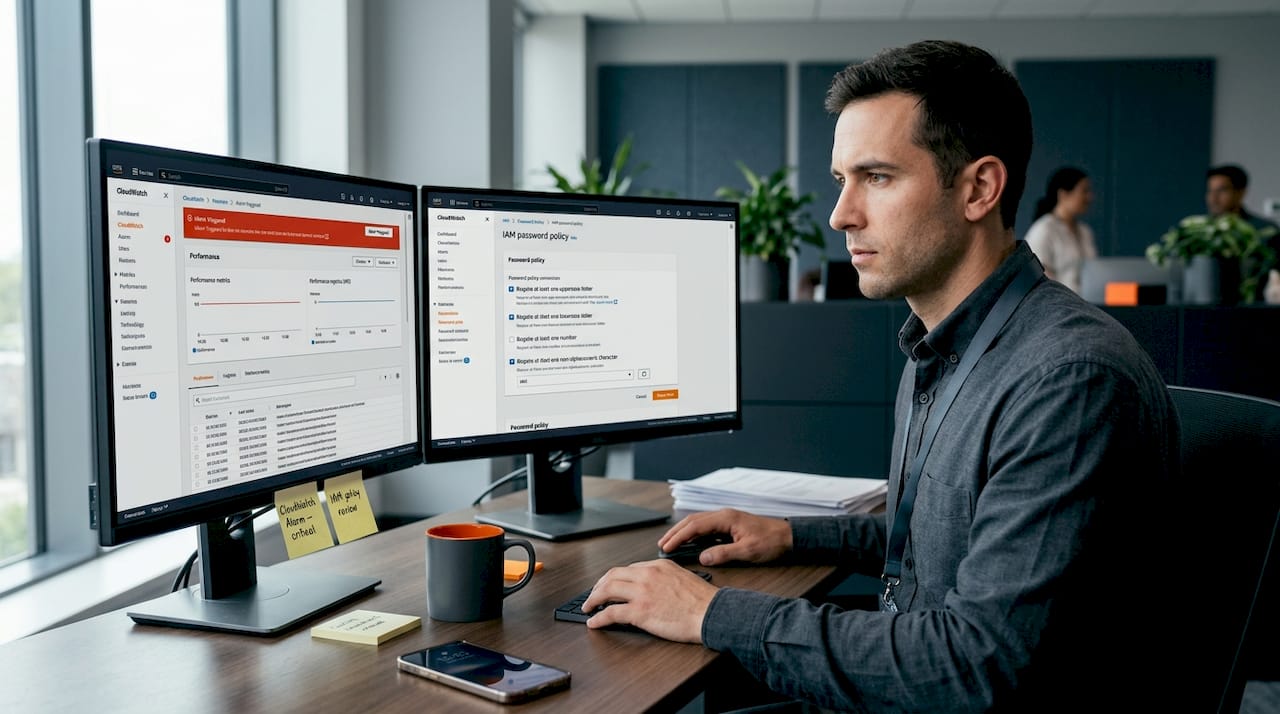 IT professional sets IAM password policy at desk