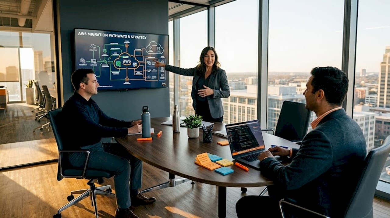Team reviewing cloud transformation plan in glass office
