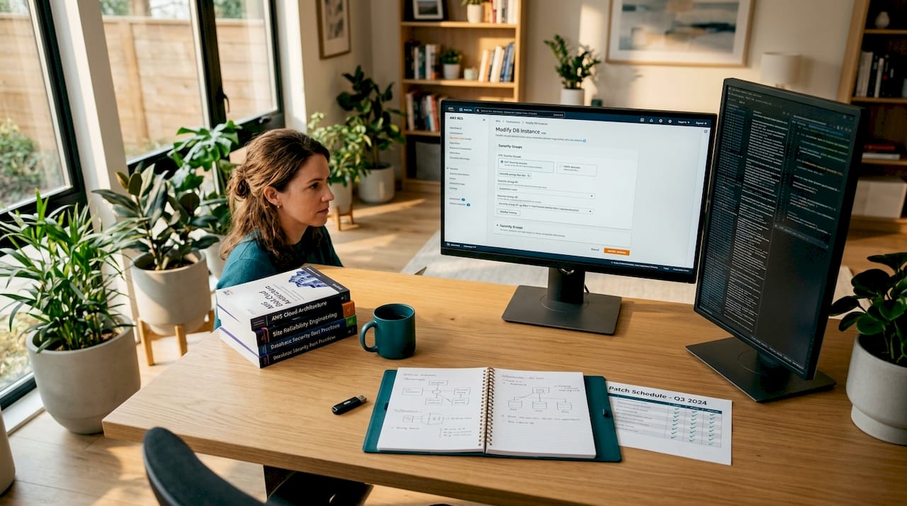 Engineer reviewing AWS RDS patching on dual monitors