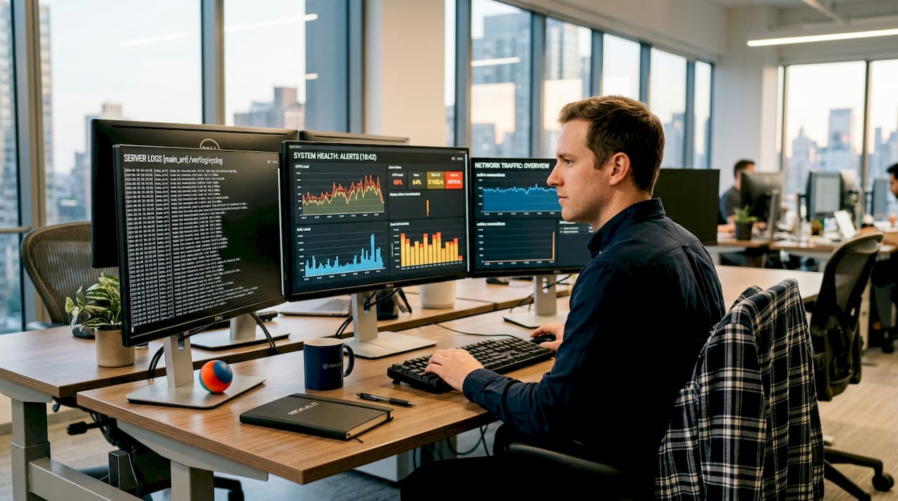 IT specialist at desk monitoring dashboards