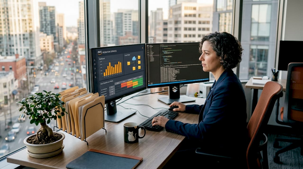 Analyst reviewing cloud data security dashboard in office