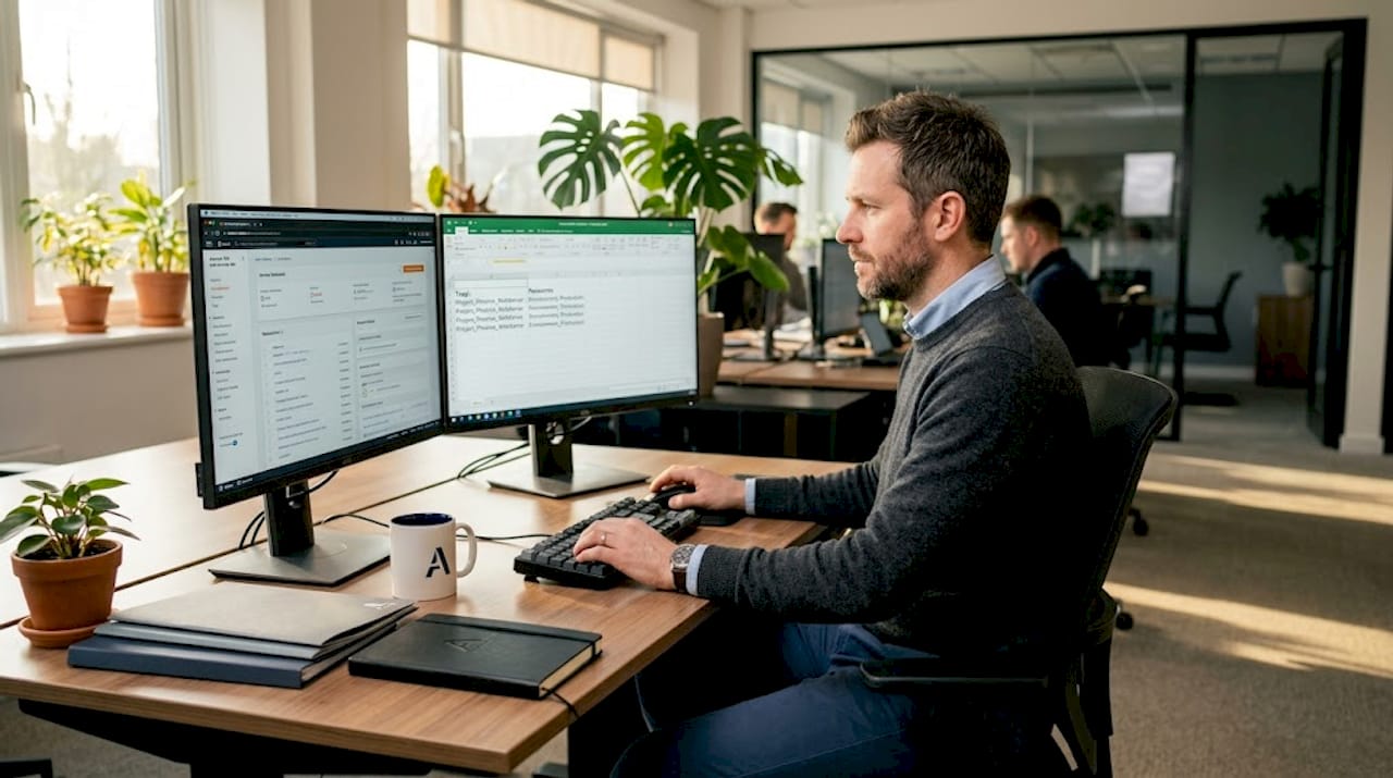 Engineer tagging resources in cluttered office