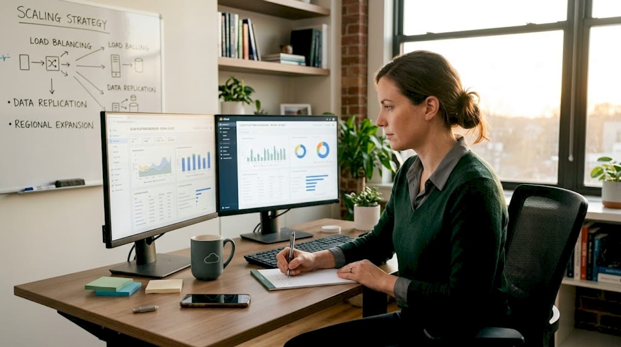 Business analyst reviewing cloud scaling during demand spike