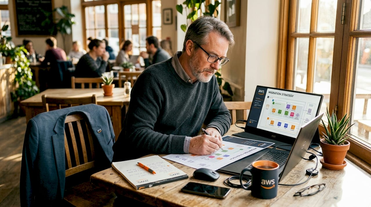 Cloud consultant reviewing migration diagrams in office