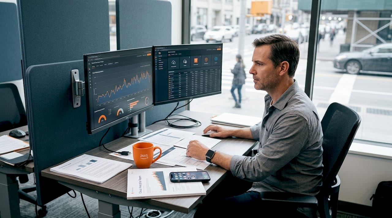 IT professional analyzing cloud usage at desk