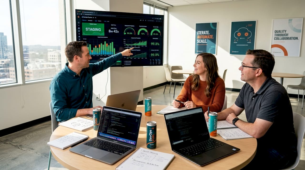 IT team collaborating around DevOps dashboard