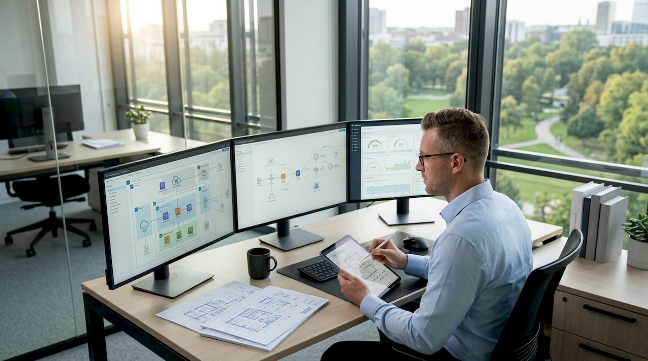 Cloud architect reviewing infrastructure diagrams in office