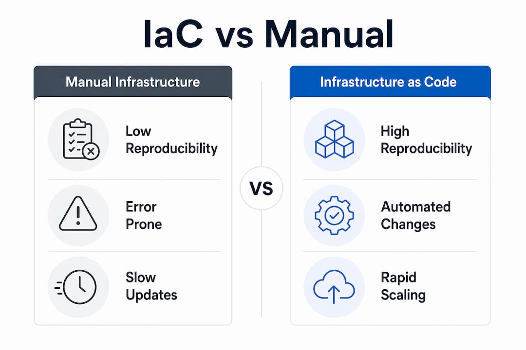 Infographic contrasting IaC and manual infrastructure benefits