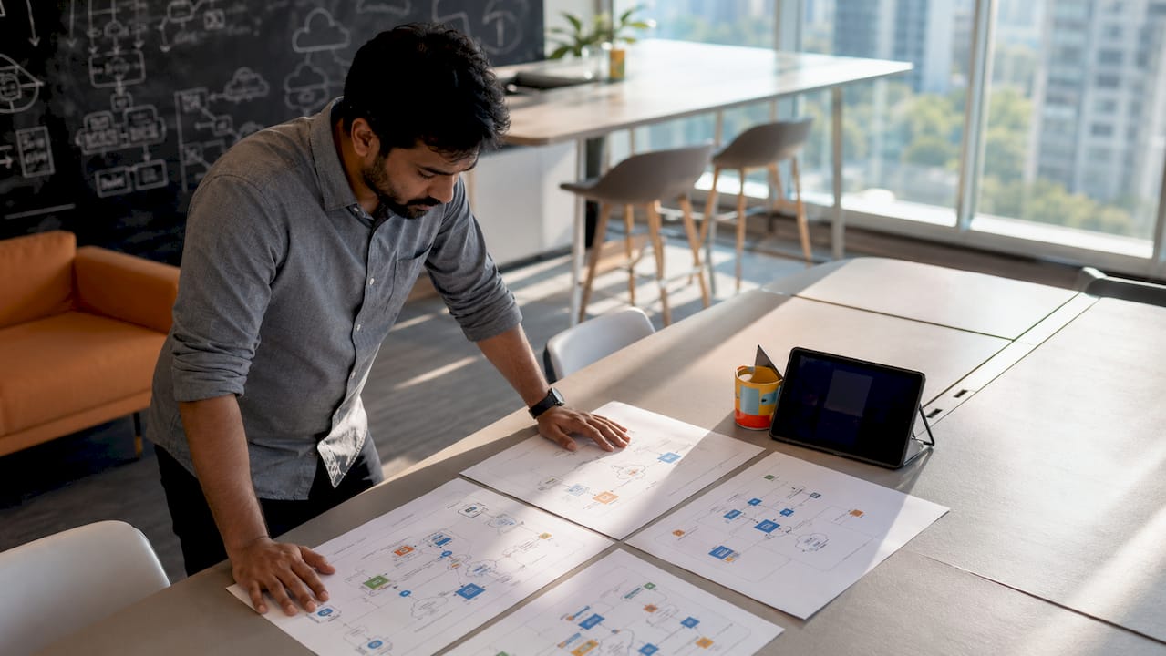 Engineer reviewing cloud architecture plans
