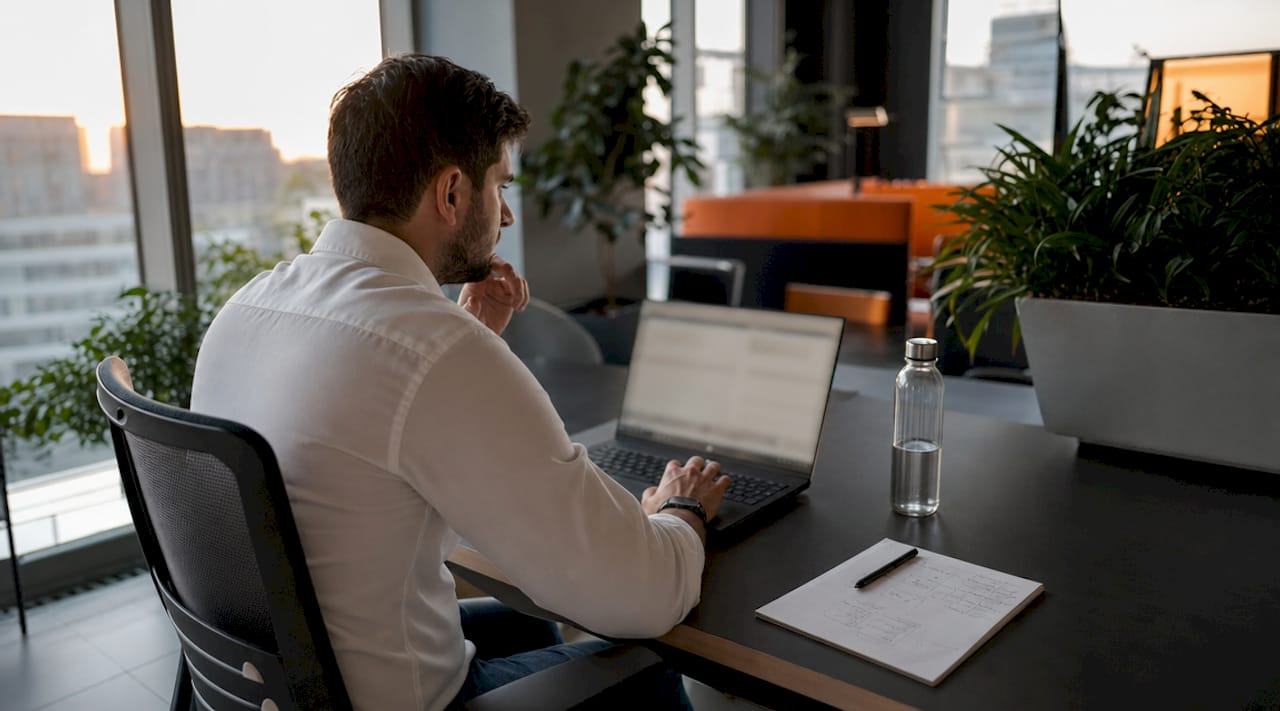 Businessperson reviewing cloud migration costs at desk