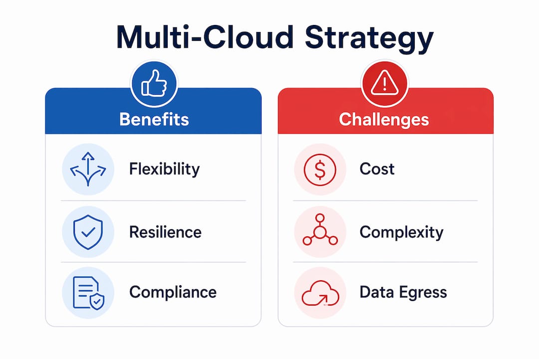 Infographic comparing benefits and challenges of multi-cloud