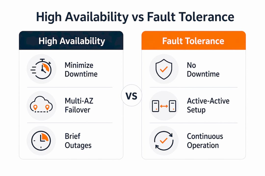 Infographic comparing high availability and fault tolerance