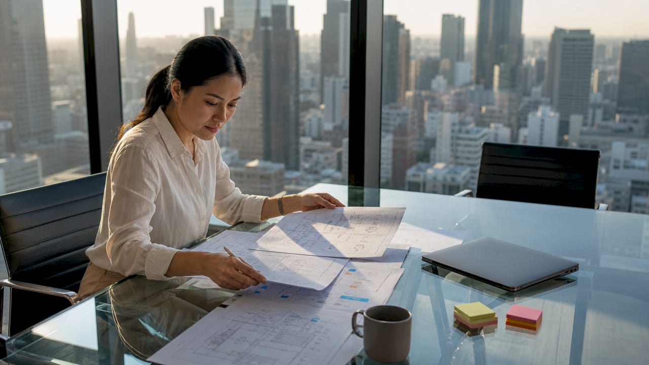Woman reviewing cloud migration planning documents at desk