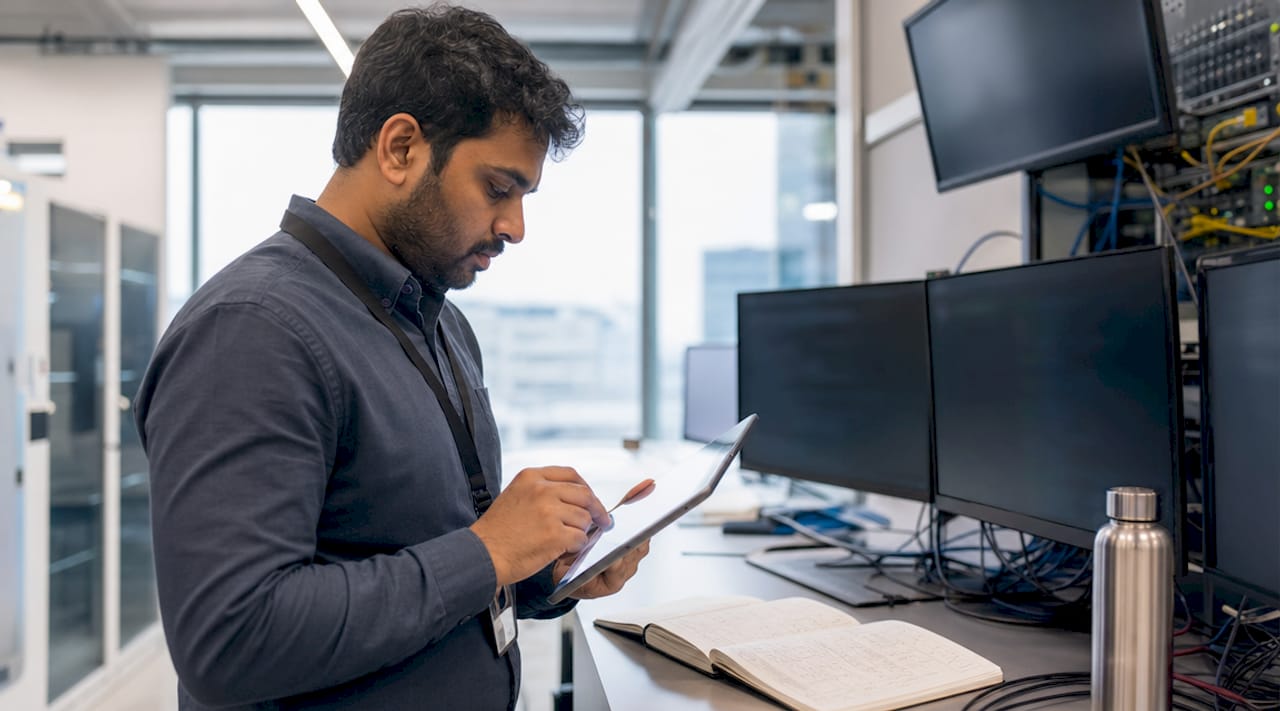 Engineer reviewing hybrid cloud servers