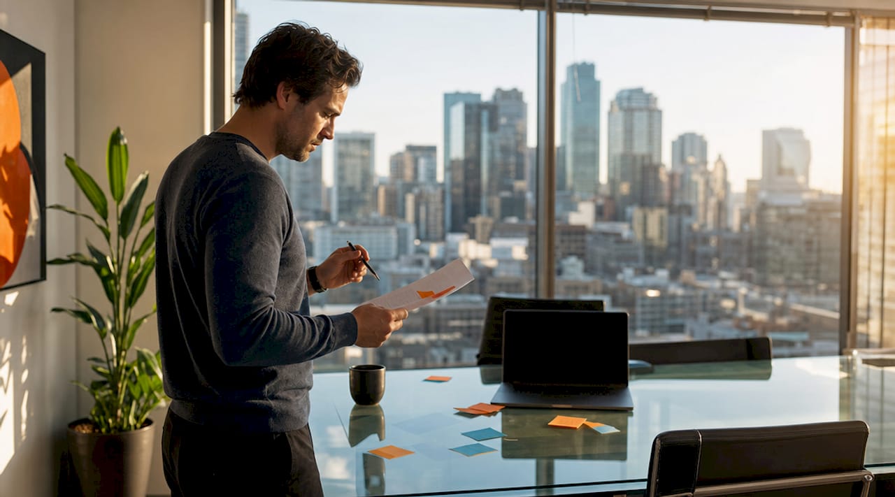 Startup founder working at desk in office