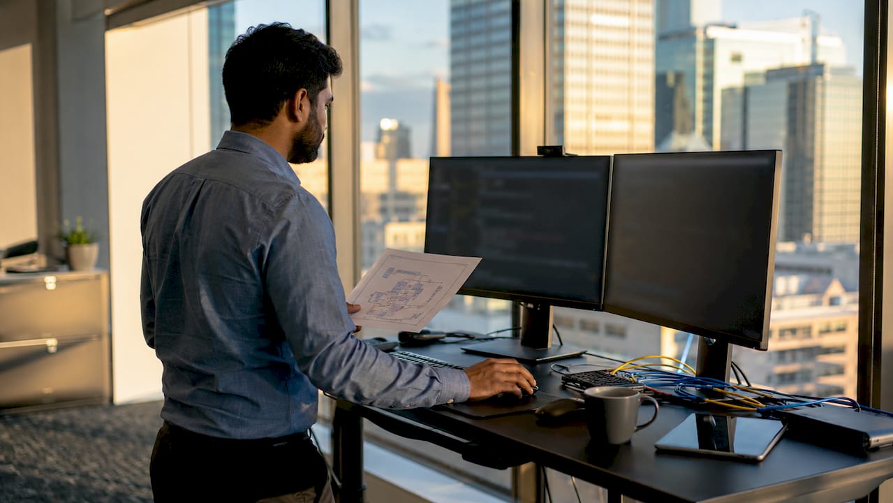 Cloud engineer configuring AWS VPC at office desk