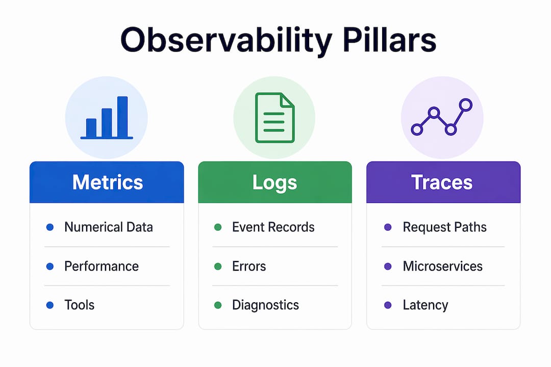 Infographic showing the three pillars of cloud observability