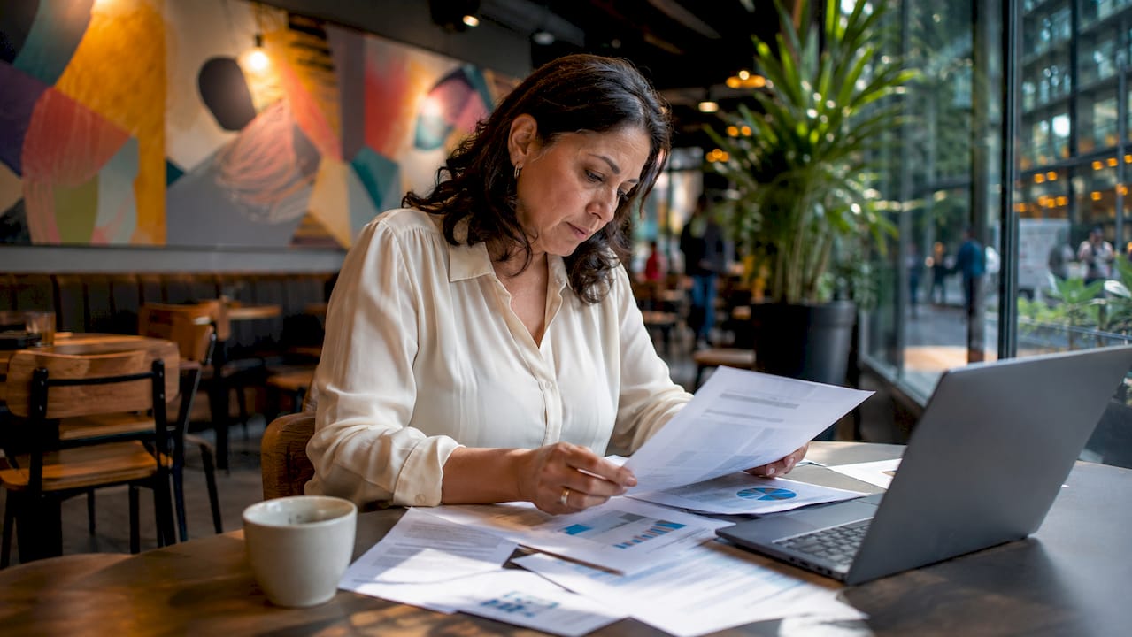 IT manager auditing cost reports at office table