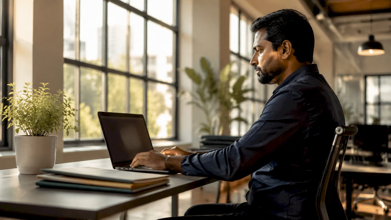 Man managing cloud backup in home office