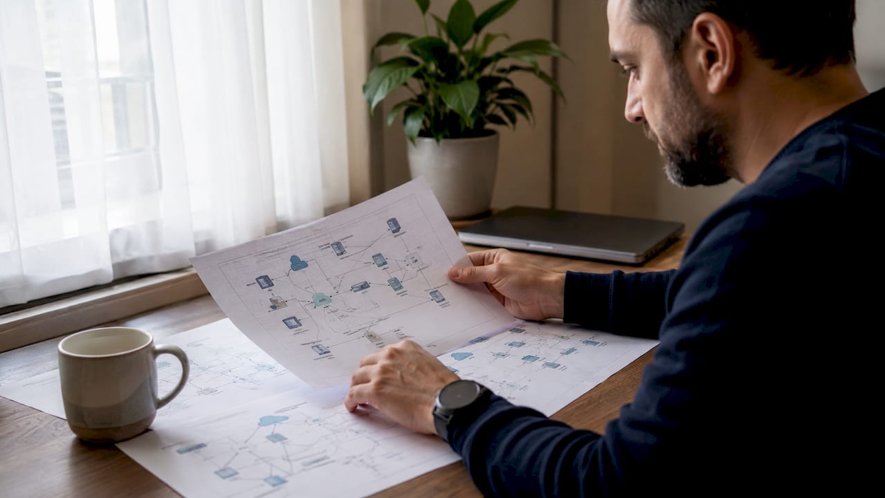 IT professional reviewing subnet network diagrams