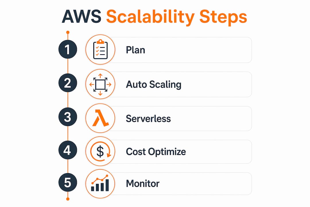 Infographic illustrating AWS scalability best practices in stepwise flow