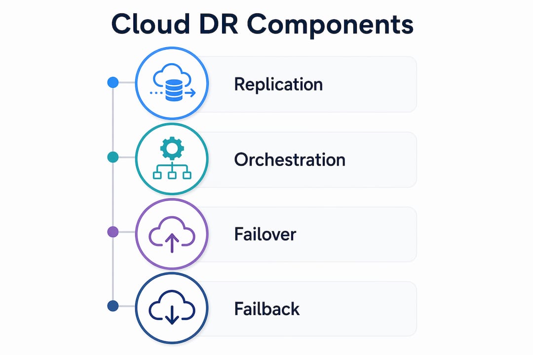 Infographic illustrating cloud disaster recovery core components