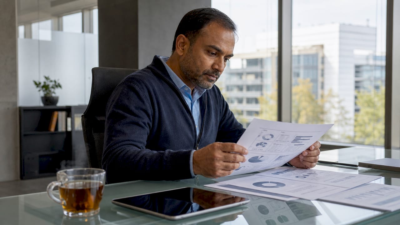 Man reviewing IT asset inventory documents at desk
