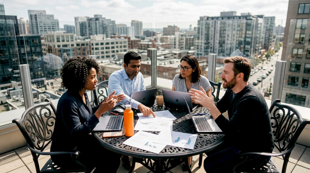 IT team discussing AWS deployment strategies in meeting room
