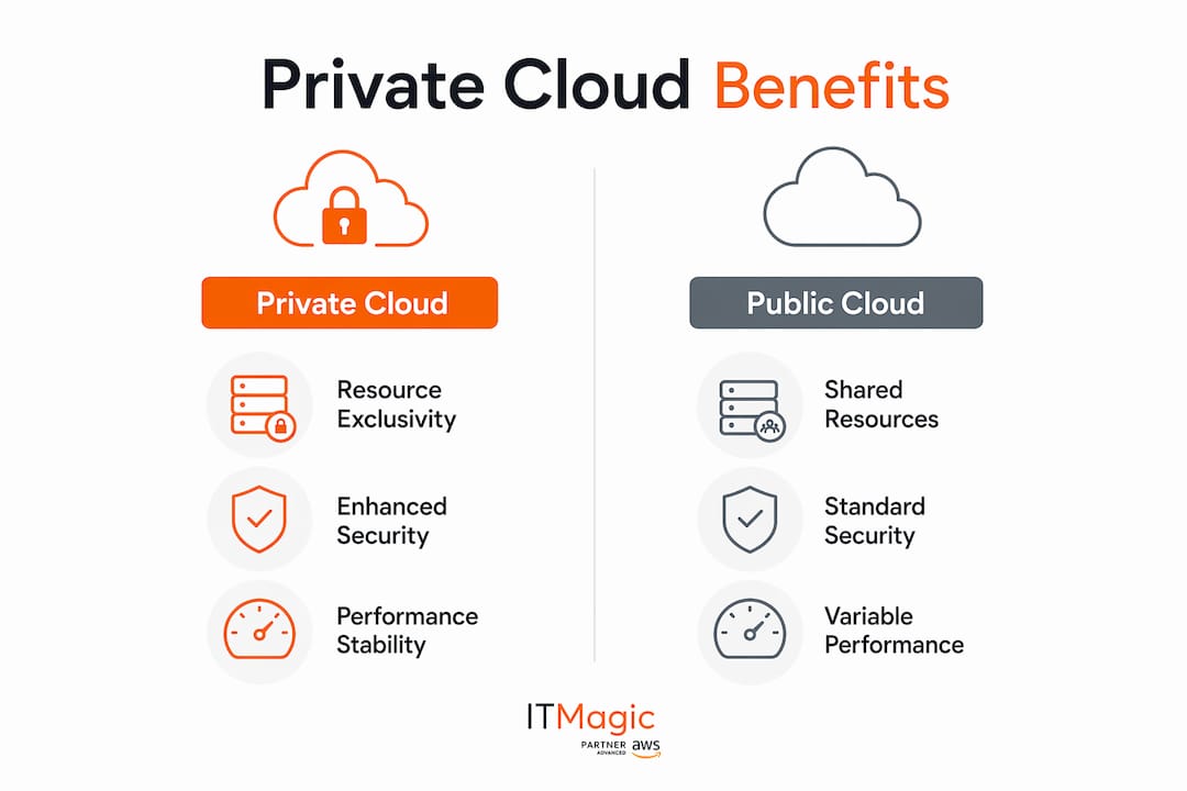 Infographic comparing private and public cloud benefits