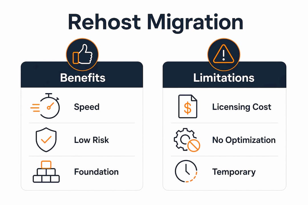 Infographic showing rehost migration benefits and limitations
