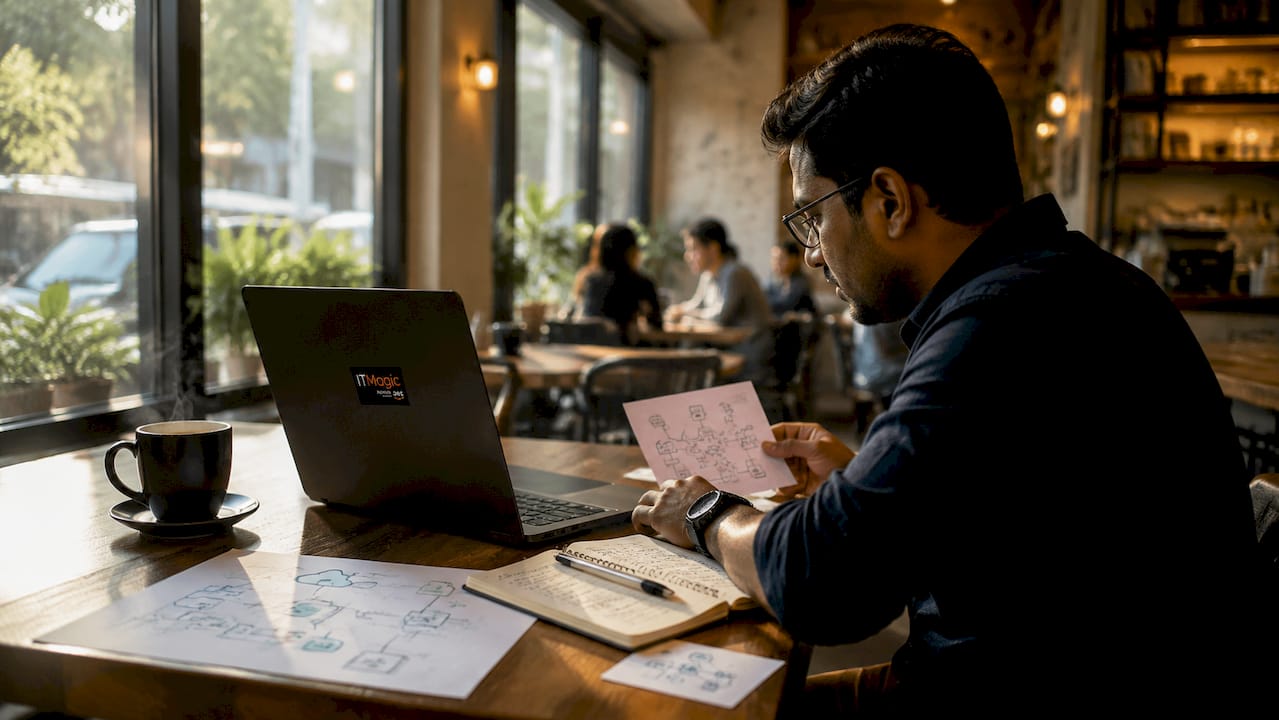 IT pro working on cloud network diagrams