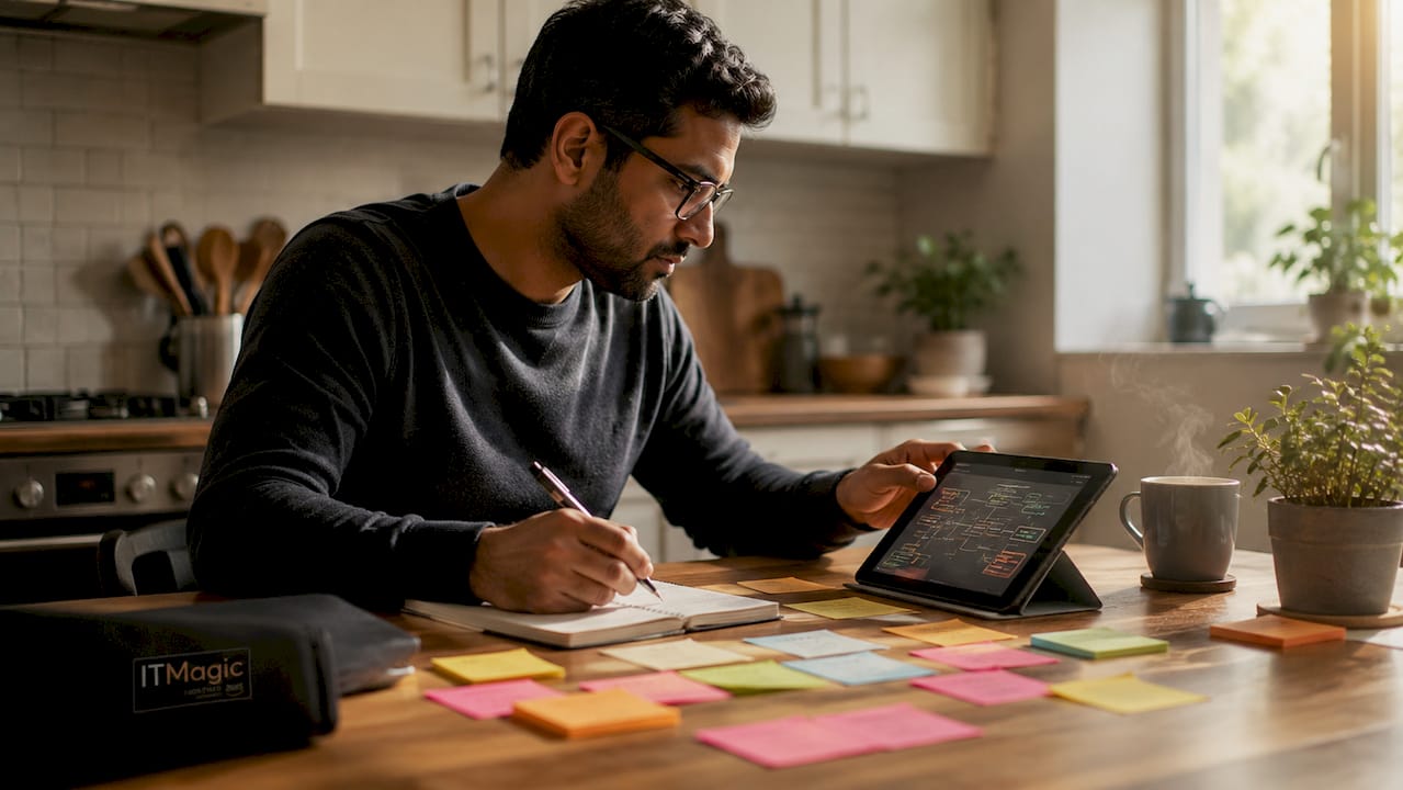 IT professional reviewing AWS migration data at desk