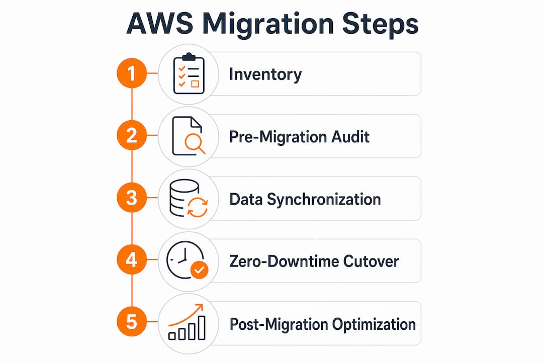 Infographic illustrating fintech AWS migration step-by-step process