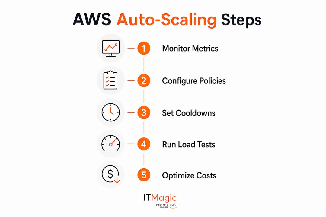 Infographic showing AWS auto-scaling best practices steps