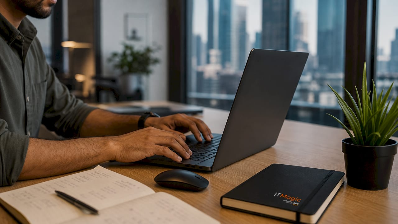 Developer working on cloud compute code at desk
