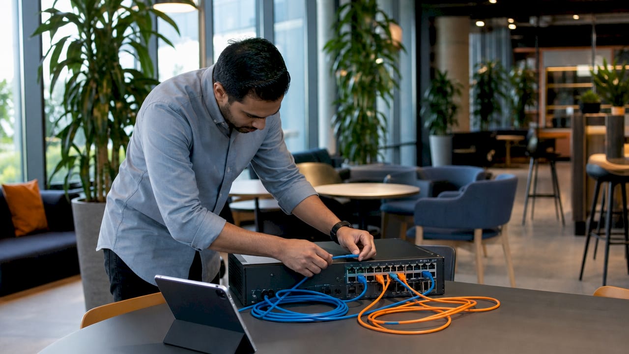 IT technician configuring network equipment in server room.