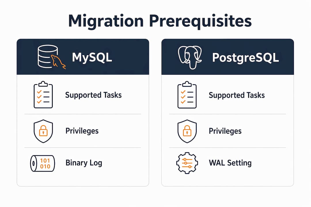 Infographic comparing MySQL and PostgreSQL migration prerequisites.