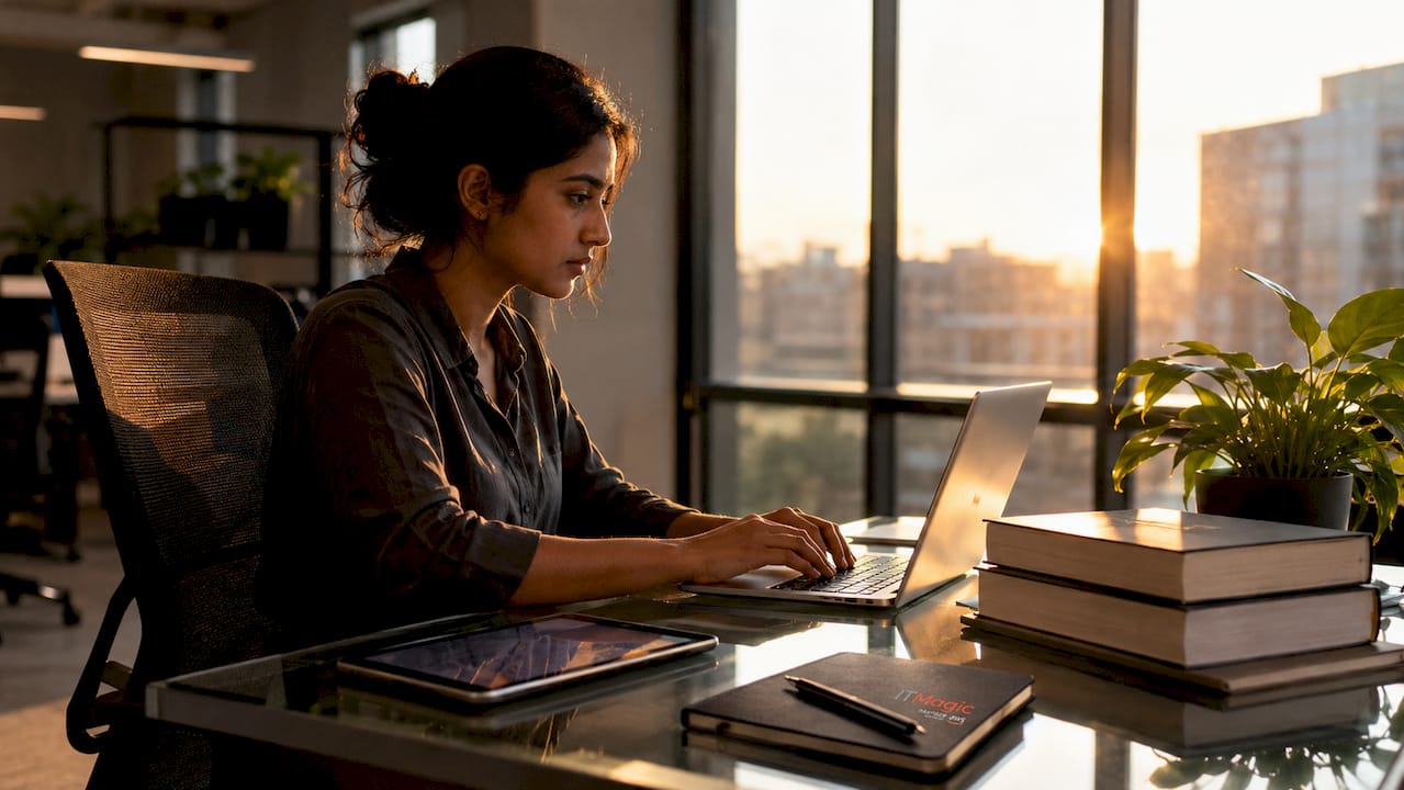 IT engineer typing on laptop in fintech office
