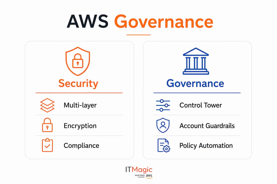 Infographic comparing AWS security and governance features in fintech