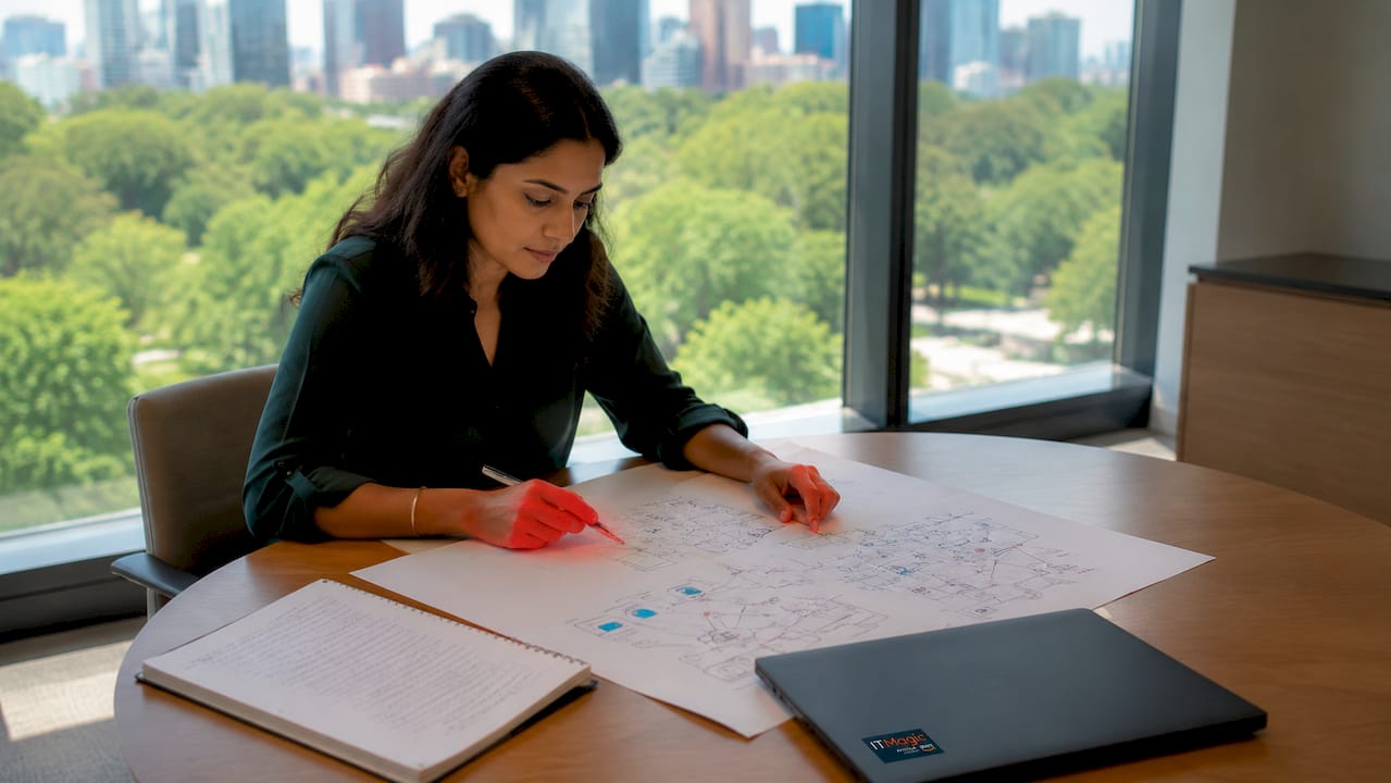 Analyst reviewing network diagrams at desk