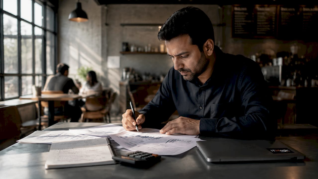Man analyzing AWS billing reports at desk