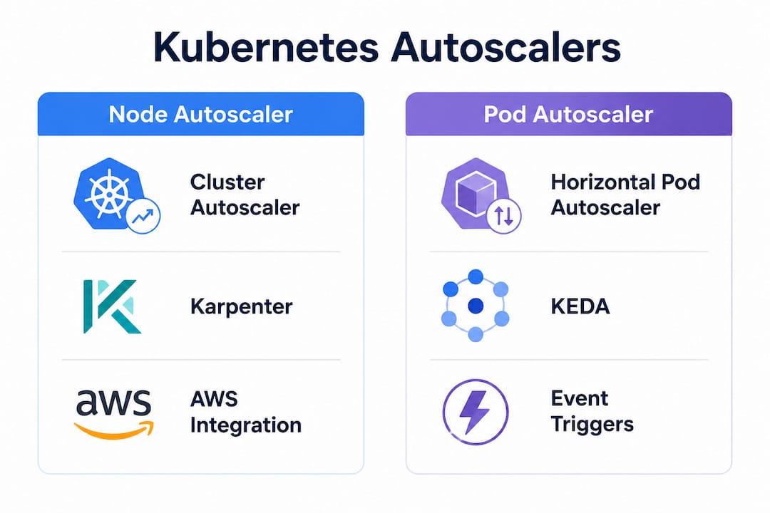 Infographic comparing Kubernetes node and pod autoscalers on AWS