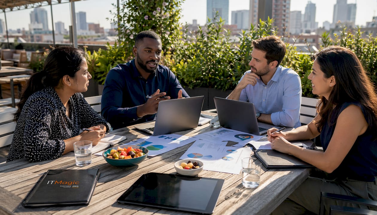 Diverse team reviewing financial reports in meeting