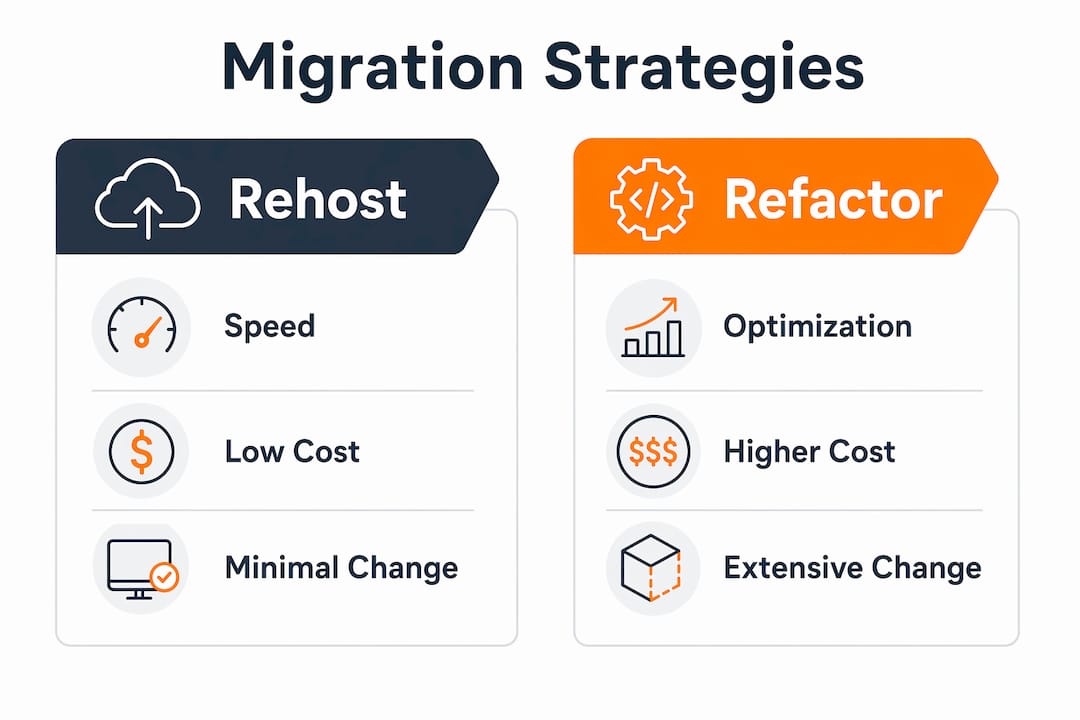 Infographic comparing rehost and refactor migration strategies