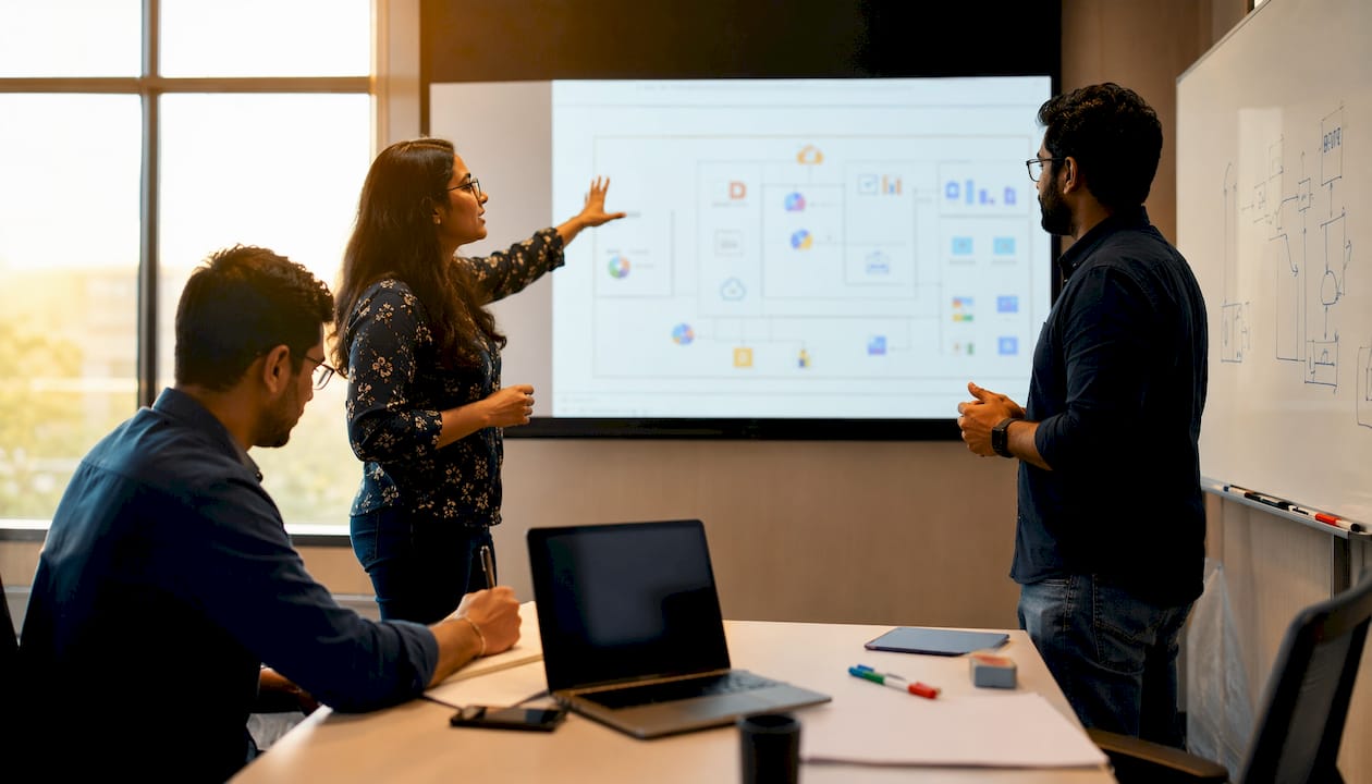 IT team collaborating on cloud architecture in office