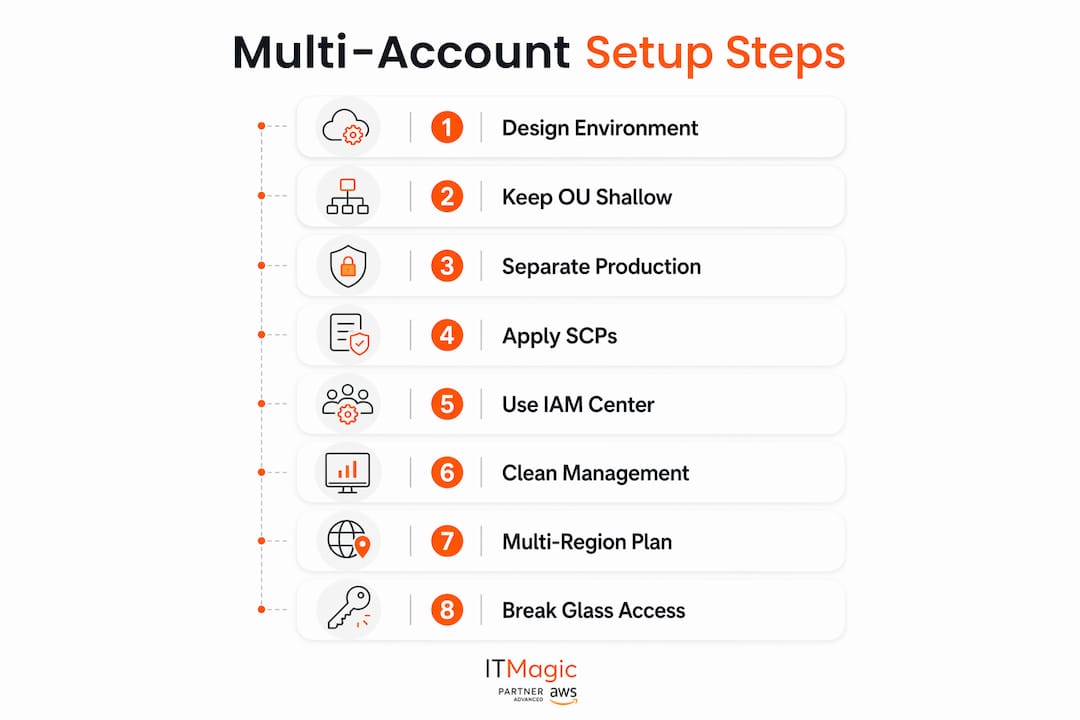 Infographic showing multi-account AWS environment setup steps