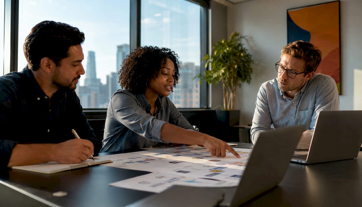 Business team discussing AWS migration plans in office