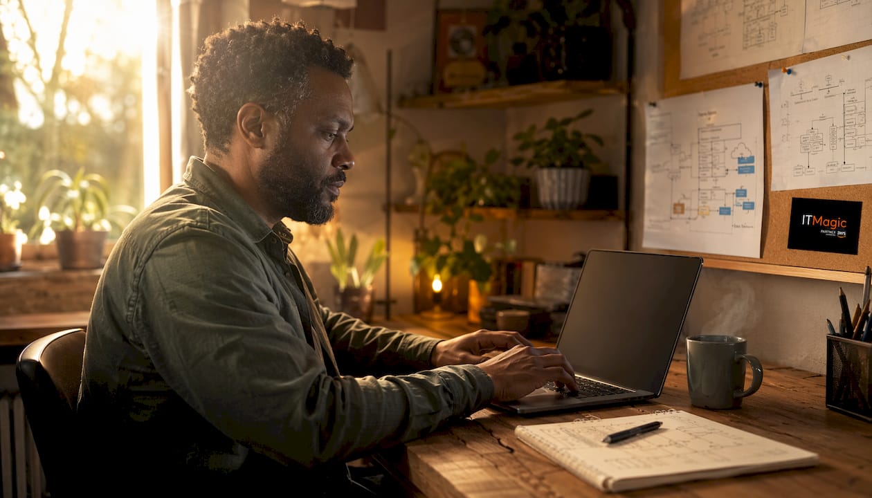 Engineer configuring IRSA on laptop in modern office