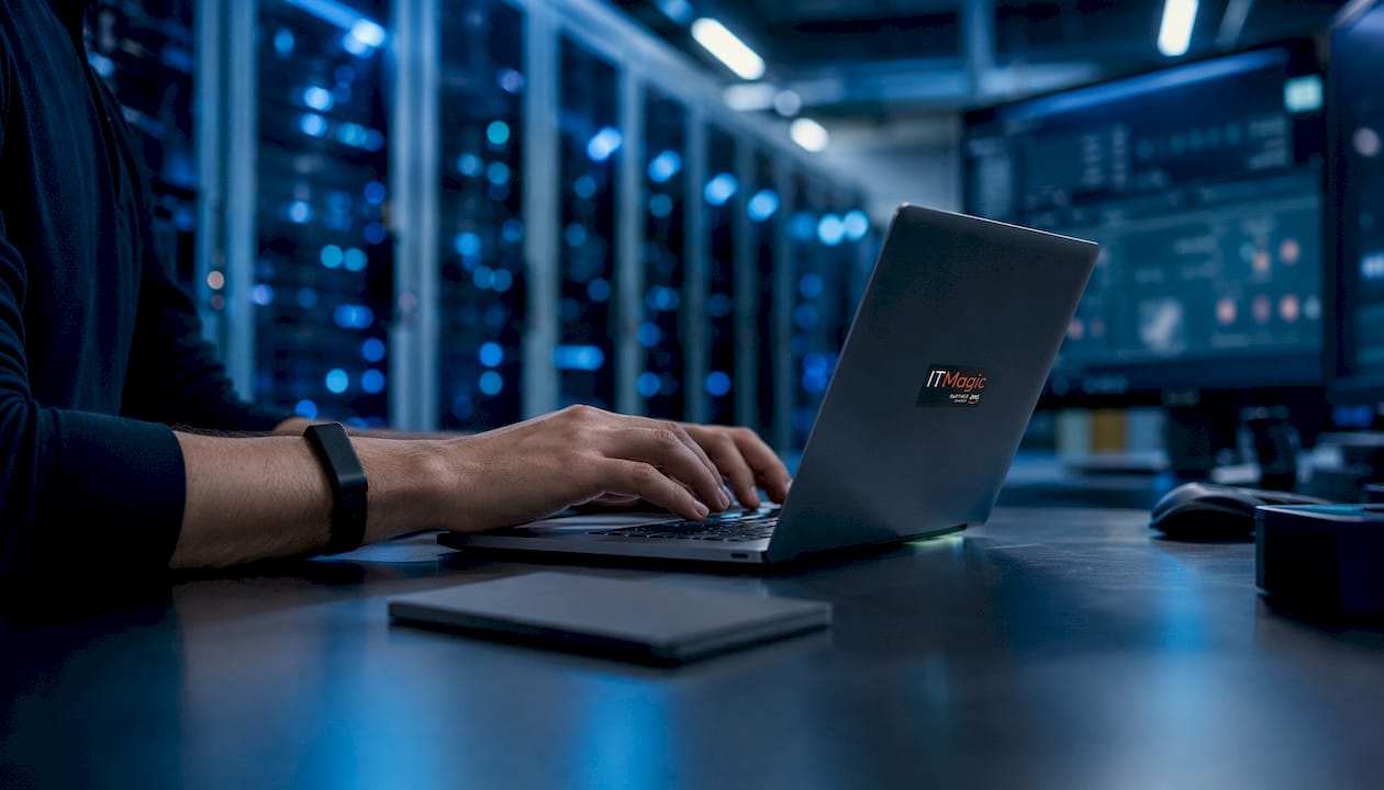 Hands typing near networking equipment in server room
